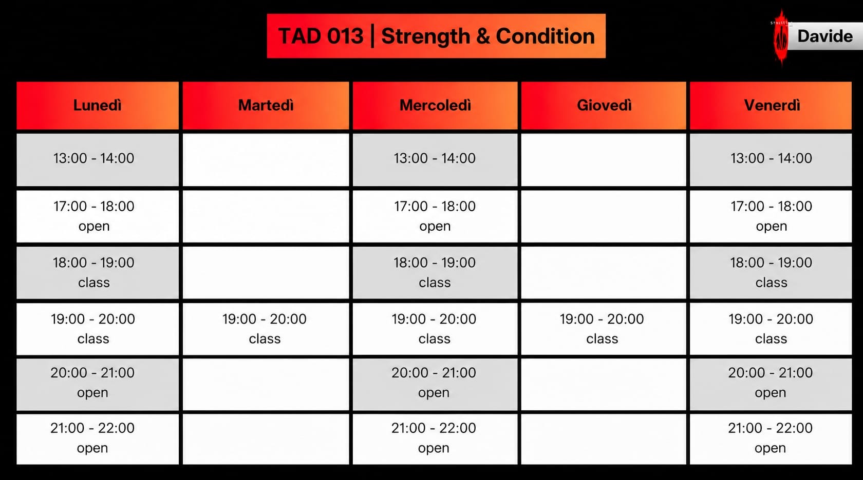 Orari TAD 013 Strength & Condition